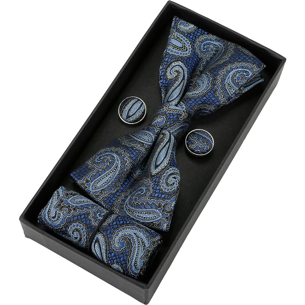 Herren Fliegen-Set mit Blumen-Paisley-Muster – 3-teiliges Geschenkset mit Fliege, Einstecktuch & Manschettenknöpfen | Elegantes Accessoire für Hochzeit & Business