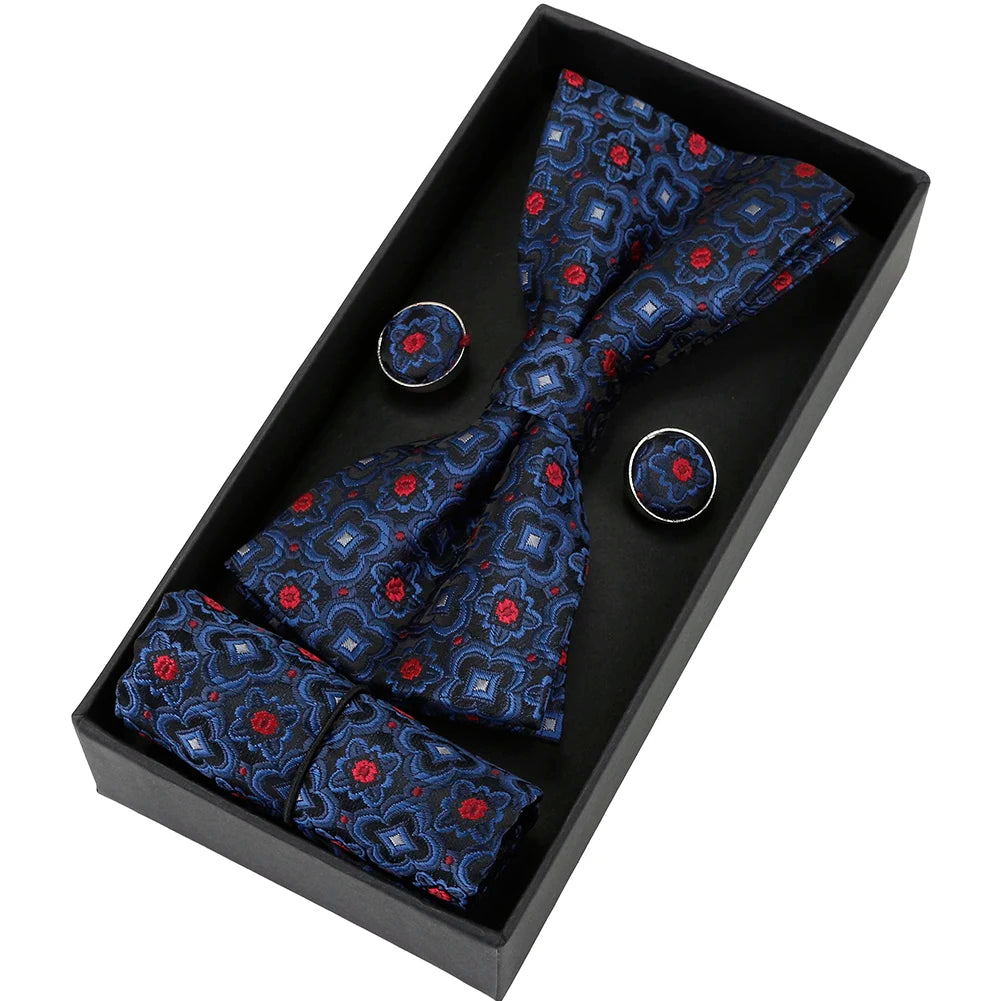 Herren Fliegen-Set mit Blumen-Paisley-Muster – 3-teiliges Geschenkset mit Fliege, Einstecktuch & Manschettenknöpfen | Elegantes Accessoire für Hochzeit & Business