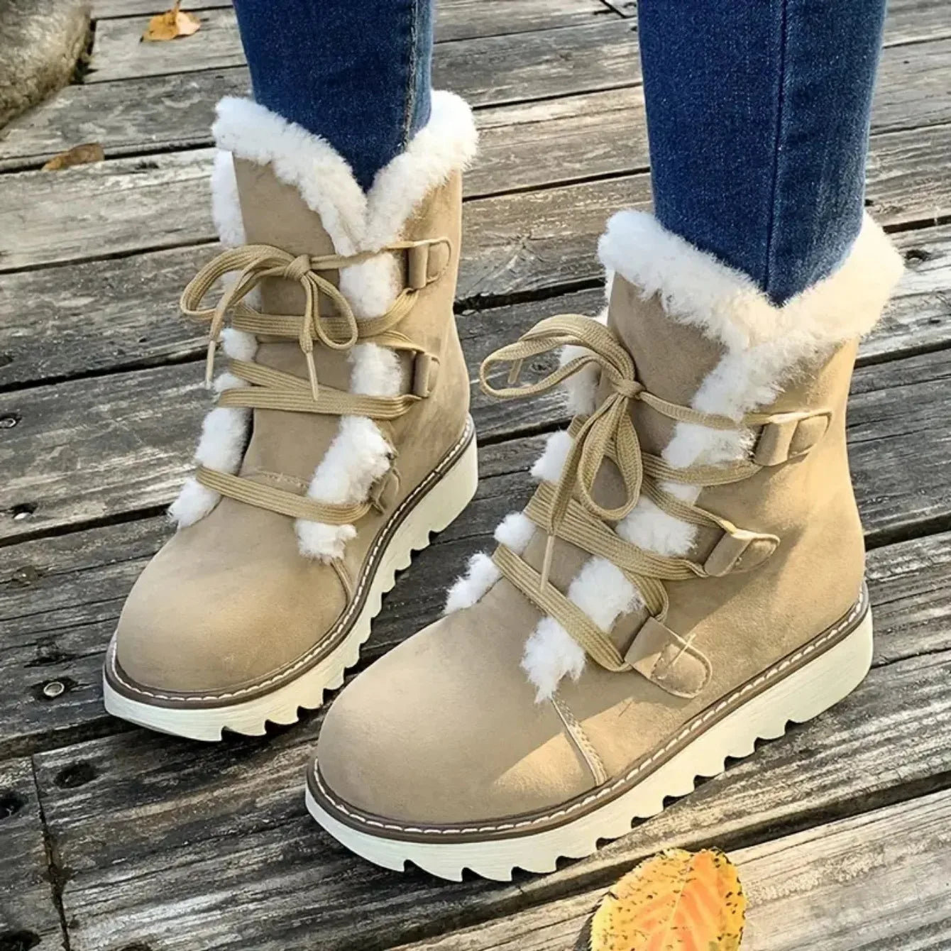Damen Winter Schneestiefel – Wasserdichte Mittelhohe Schnürstiefel | Wärmeisolierte Outdoor Schuhe mit Kunstfell Futter & Rutschfester Sohle