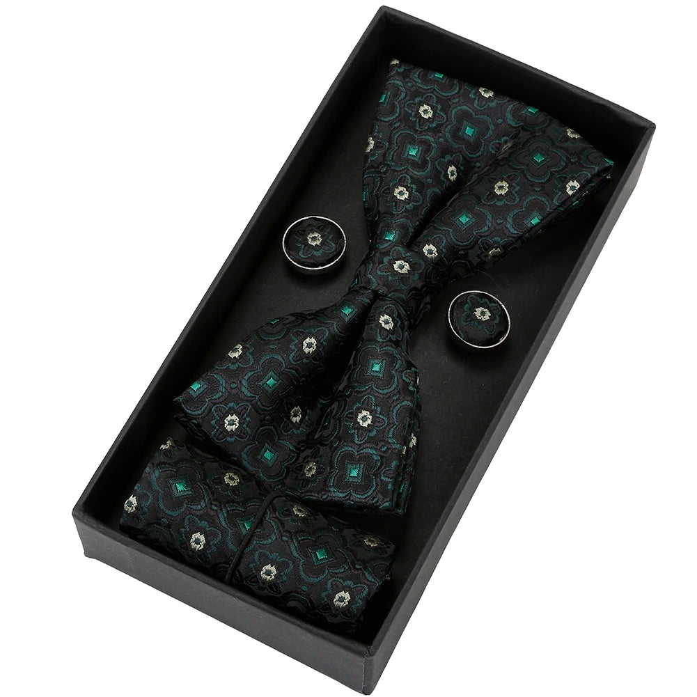 Herren Fliegen-Set mit Blumen-Paisley-Muster – 3-teiliges Geschenkset mit Fliege, Einstecktuch & Manschettenknöpfen | Elegantes Accessoire für Hochzeit & Business Kaufschwan® Schwarz mit blauem Muster