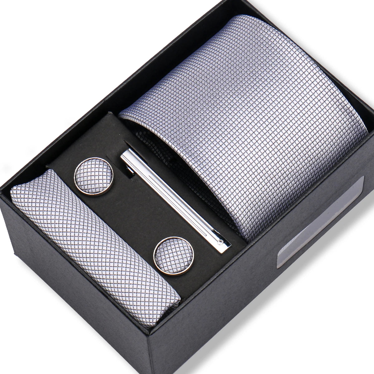 Herren Jacquard-Krawatten-Set 8 cm – Elegante Krawatte mit Einstecktuch, Manschettenknöpfen & Krawattenklammer | Luxus-Geschenkbox für Hochzeit & Business