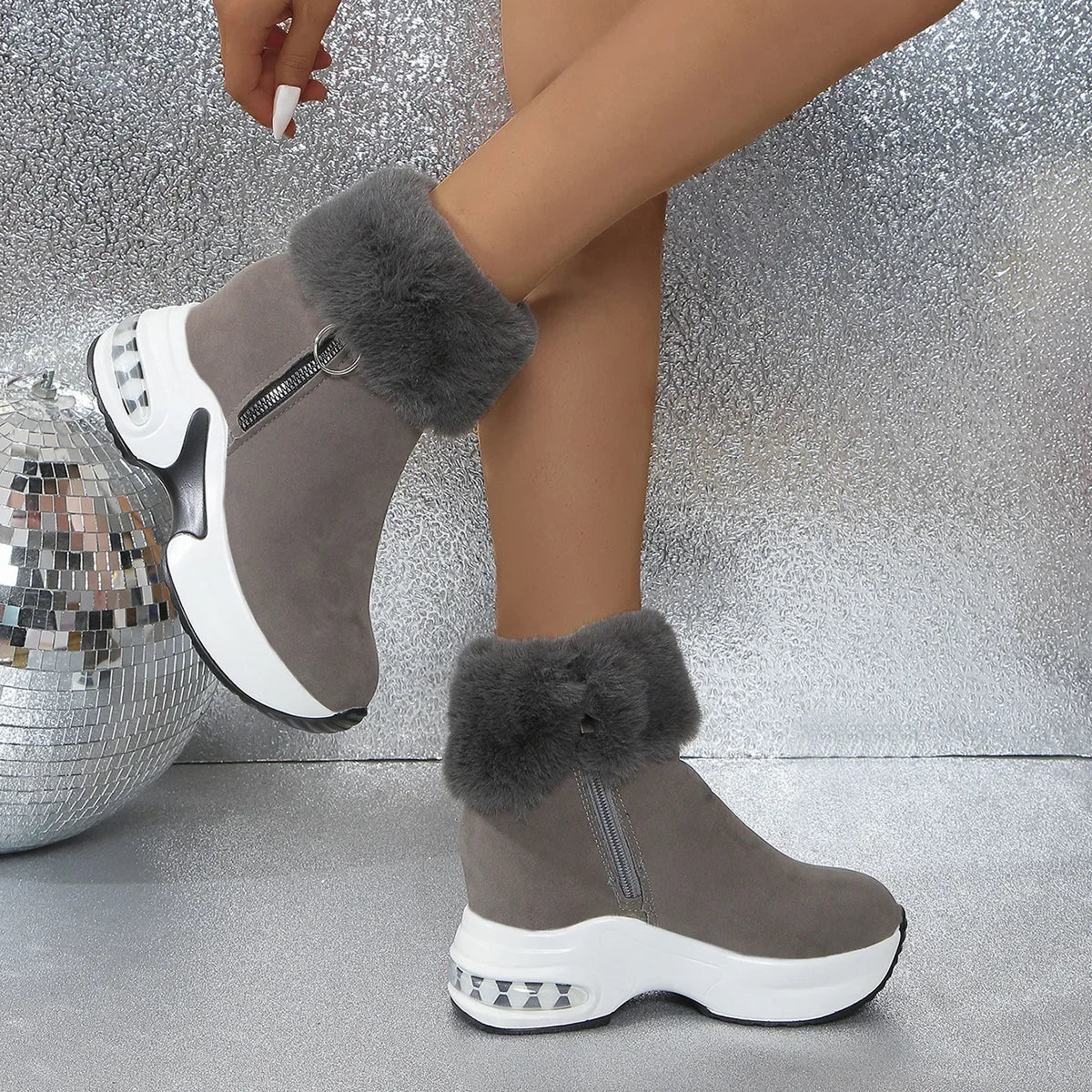 Damen Winter Schneestiefel – Kurzschaft Stiefel mit Kunstfell Fleece Futter | Warme Baumwollstiefel mit Absatz & Gummisohle Größe 43