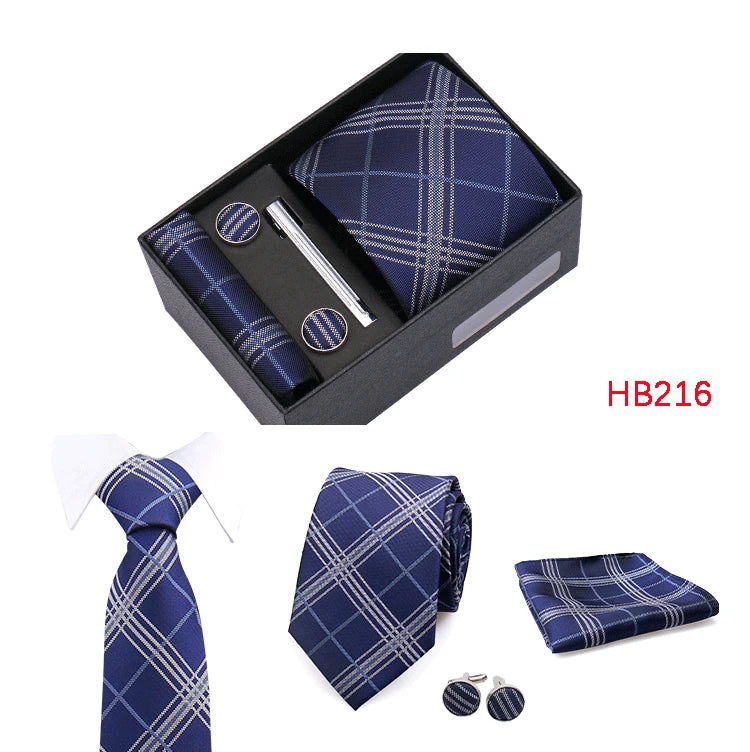 Herren Jacquard-Krawatten-Set 8 cm – Elegante Krawatte mit Einstecktuch, Manschettenknöpfen & Krawattenklammer | Luxus-Geschenkbox für Hochzeit & Business Kaufschwan®