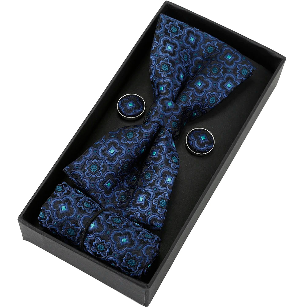 Herren Fliegen-Set mit Blumen-Paisley-Muster – 3-teiliges Geschenkset mit Fliege, Einstecktuch & Manschettenknöpfen | Elegantes Accessoire für Hochzeit & Business Kaufschwan® Dunkelblau mit schwarzem Muster