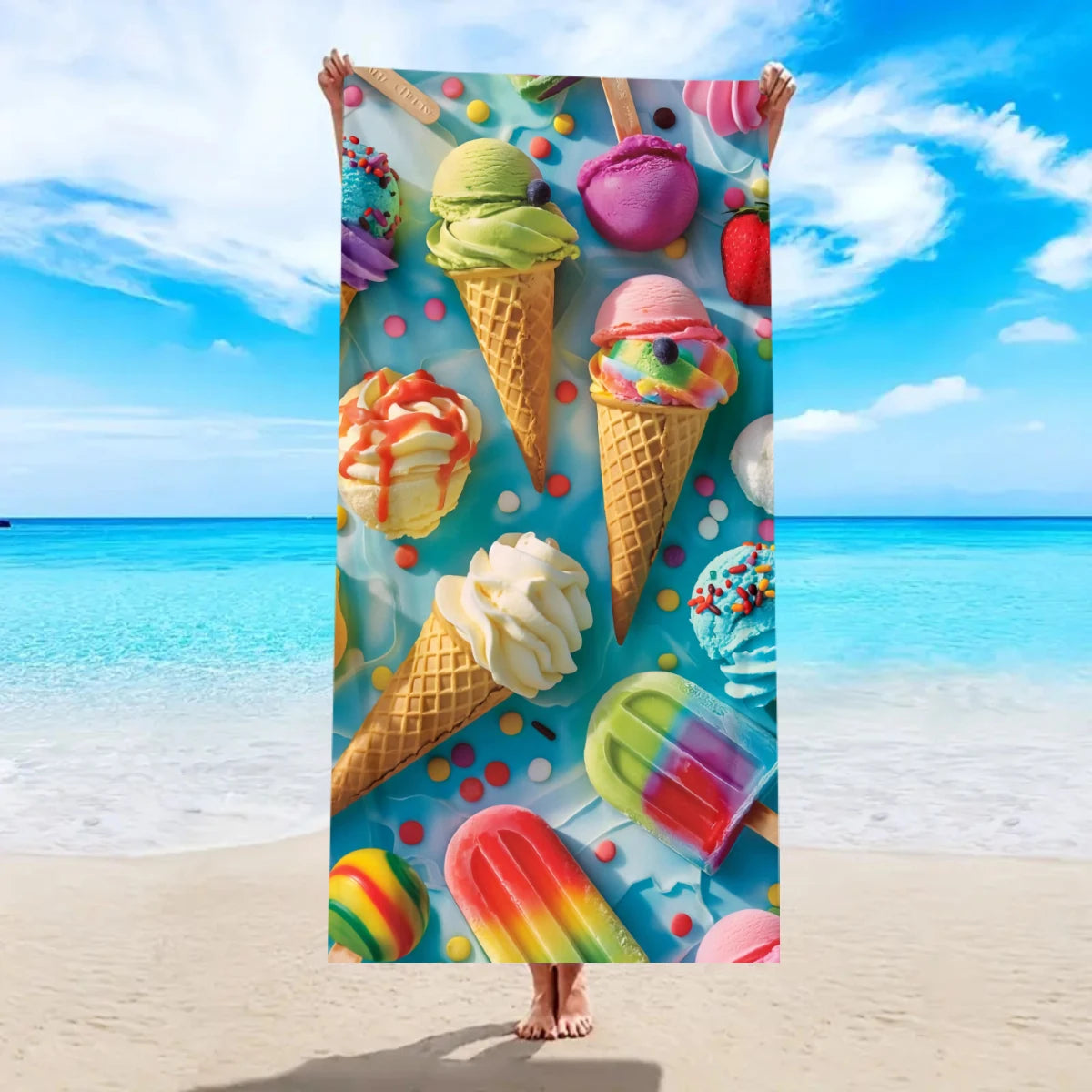Strandtuch mit Eiscreme-Motiv – Schnell Trocknendes & Saugfähiges Mikrofaser Handtuch | Lustiges Sommer Handtuch für Reisen, Sport & Yoga