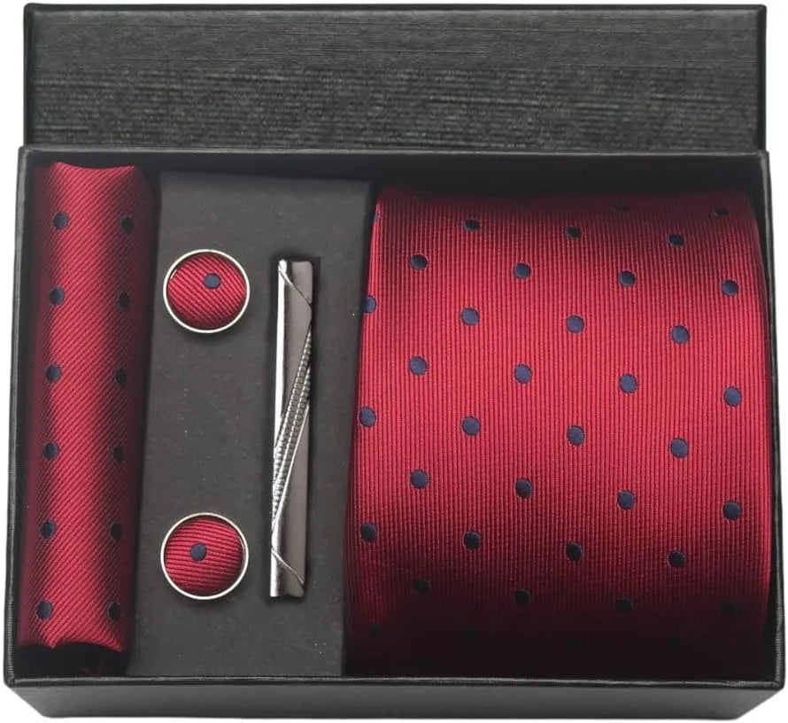 Herren Krawatten-Set aus 100% Seide – 8 cm Krawatte mit Einstecktuch & Manschettenknöpfen | Klassisches Geschenkset für Business & Hochzeit