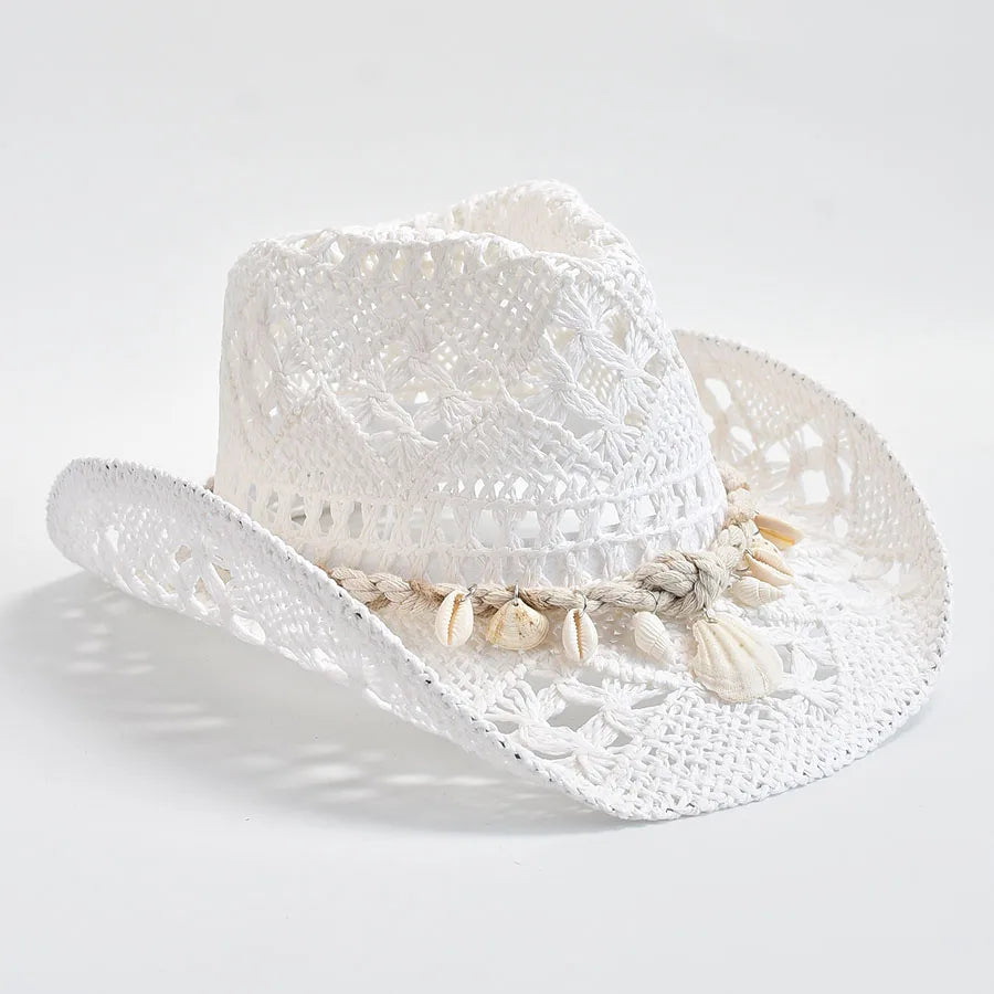 Sommer Strohhut für Damen – Handgewebter Sonnenhut mit Muschel-Dekoration, Panama Strandhut Kaufschwan®
