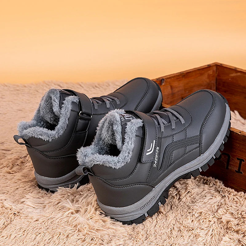 Herren Winterstiefel – Wasserdichte PU-Leder Schneestiefel | Gefütterte Rutschfeste Hohe Arbeits- & Freizeitschuhe Kaufschwan®