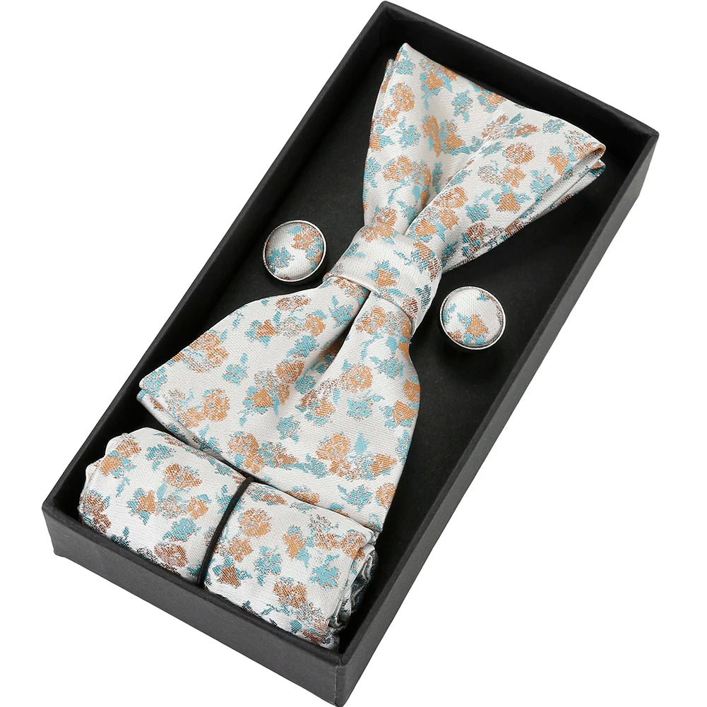 Herren Fliegen-Set mit Blumen-Paisley-Muster – 3-teiliges Geschenkset mit Fliege, Einstecktuch & Manschettenknöpfen | Elegantes Accessoire für Hochzeit & Business