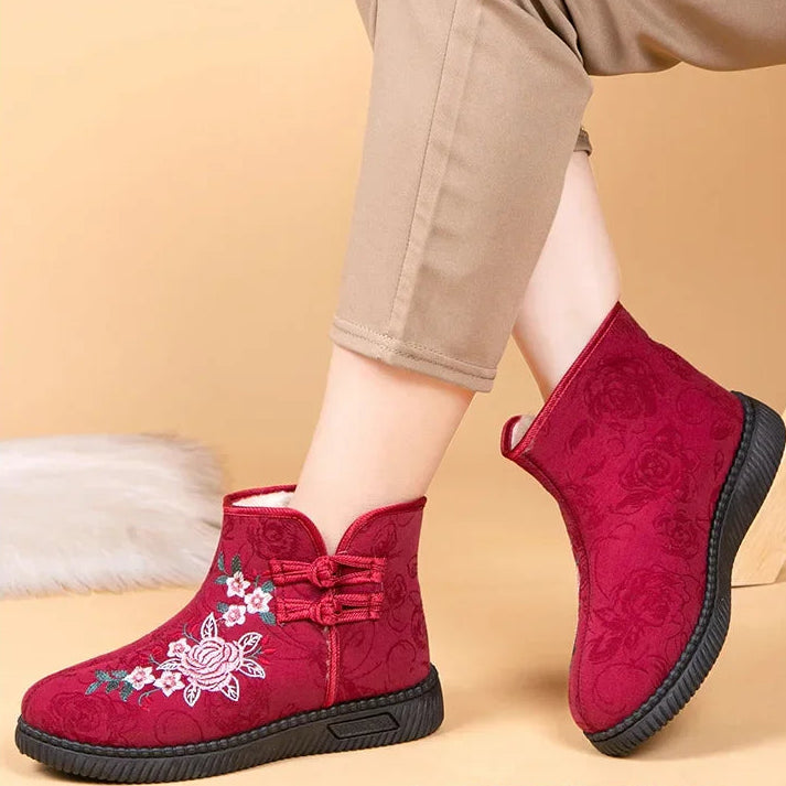 Damen Bestickte Schneestiefel – Mittelhohe Baumwollstiefel mit Kunstfell Fleece Futter | Warme Winter Schuhe für Mütter