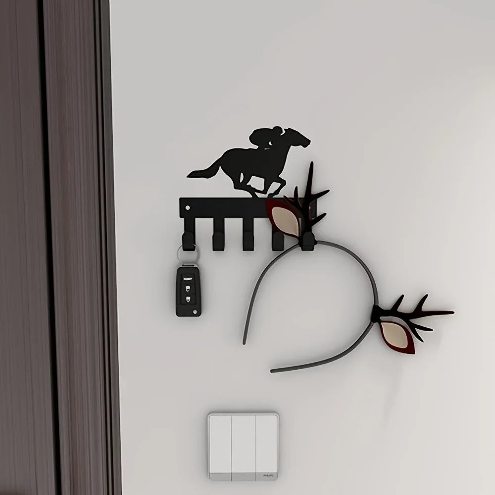 Schwarzer Metall Schlüsselhalter für die Wand – Klebender Schlüssel Organizer mit 5 Haken | Dekorativer Fahrrad & Reiter Hakenhalter