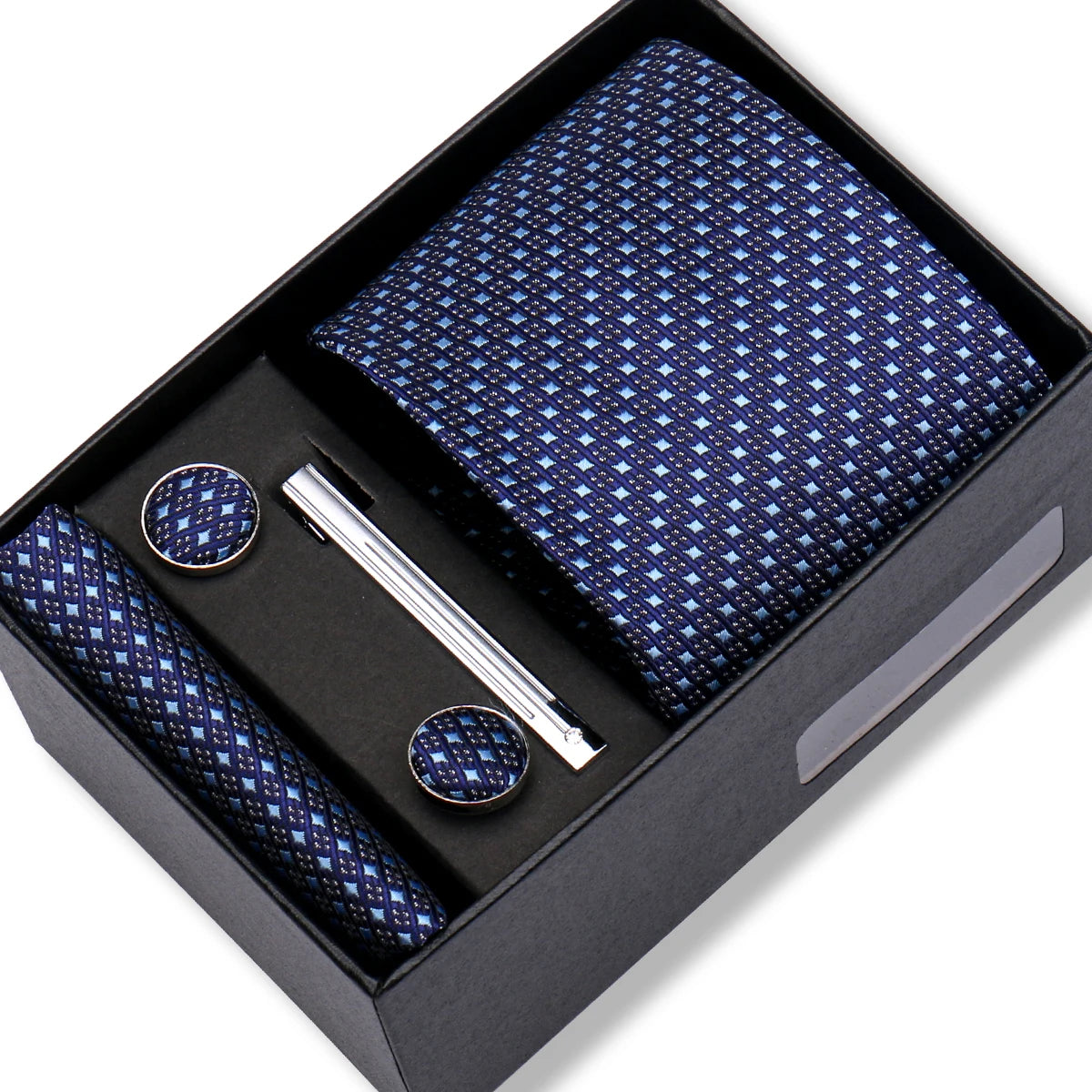 Herren Jacquard-Krawatten-Set 8 cm – Elegante Krawatte mit Einstecktuch, Manschettenknöpfen & Krawattenklammer | Luxus-Geschenkbox für Hochzeit & Business