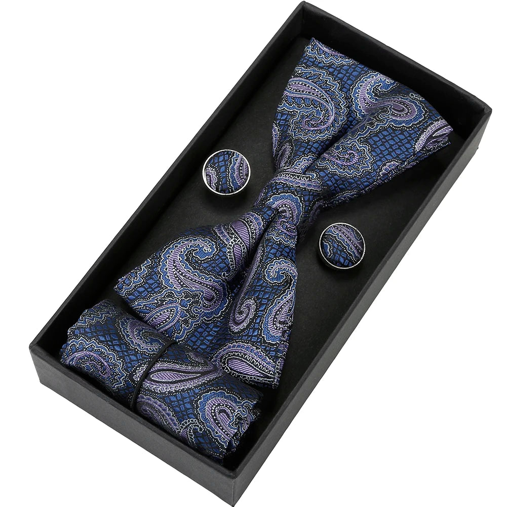 Herren Fliegen-Set mit Blumen-Paisley-Muster – 3-teiliges Geschenkset mit Fliege, Einstecktuch & Manschettenknöpfen | Elegantes Accessoire für Hochzeit & Business Kaufschwan® Mitternachtsblau