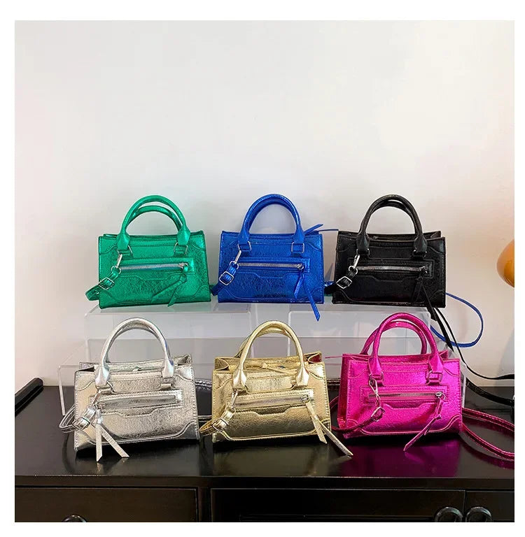Glänzende Lackleder Crossbody Tasche – Damen Schulter Handtasche im Weichen Quadratischen Design mit Reißverschluss & Polyesterfutter