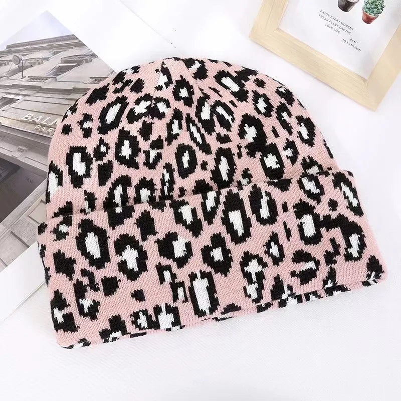 Dicke Leopard Jacquard Beanie Mütze – Trendige Unisex Strickmütze für Herbst & Winter | Warme Vintage Hip Hop Mütze für Damen & Herren Kaufschwan® Rosa Einheitsgröße