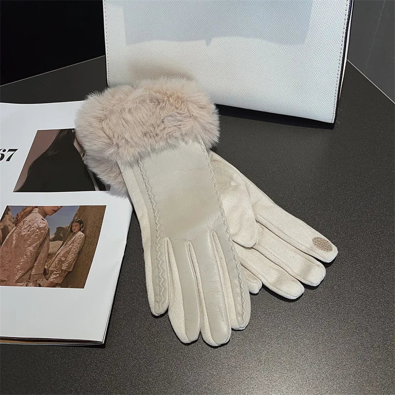 Luxus PU Lederhandschuhe für Damen – Warme Winterhandschuhe mit Kunstfellbesatz | Elegant Gefütterte Handschuhe für Partys & Kaltes Wetter Kaufschwan® Beige Einheitsgröße