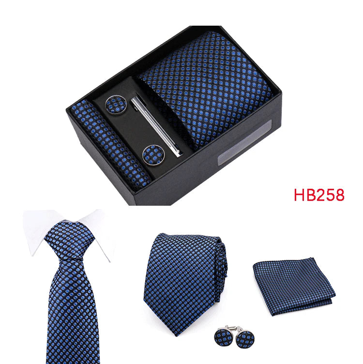 Herren Jacquard-Krawatten-Set 8 cm – Elegante Krawatte mit Einstecktuch, Manschettenknöpfen & Krawattenklammer | Luxus-Geschenkbox für Hochzeit & Business