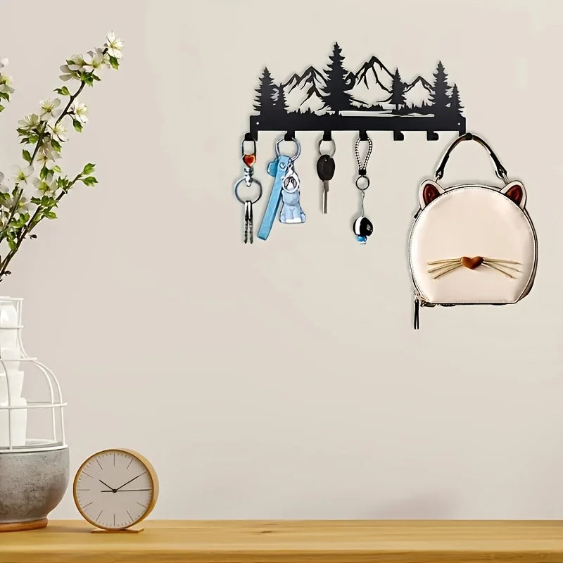 Metall Schlüsselhaken mit Waldmotiv – Wandmontierter Dekorativer Organizer | Schwarzer Eisenhaken für Handtücher, Hüte, Geldbörsen & Badezimmer Deko