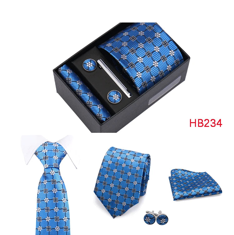 Herren Jacquard-Krawatten-Set 8 cm – Elegante Krawatte mit Einstecktuch, Manschettenknöpfen & Krawattenklammer | Luxus-Geschenkbox für Hochzeit & Business
