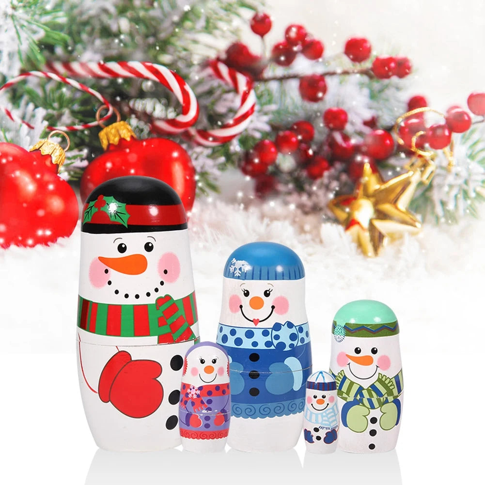 5 Stück Handbemalte Weihnachts-Matrjoschka – Holz-Nestpuppen Set | Niedliche Dekoration & Geschenk für Kinder