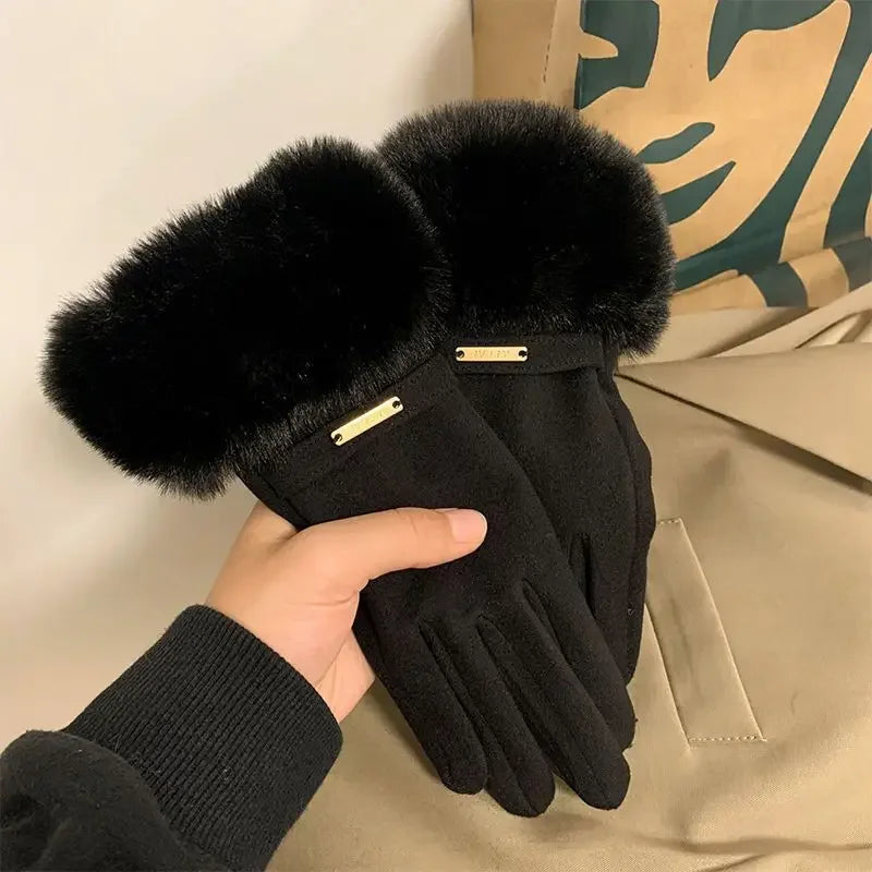 Damen Winterhandschuhe aus Wildleder – Elegante Touchscreen Handschuhe mit Samtfutter | Warme Verdickte Handschuhe für Autofahren & Radfahren Kaufschwan® Schwarz Einheitsgröße