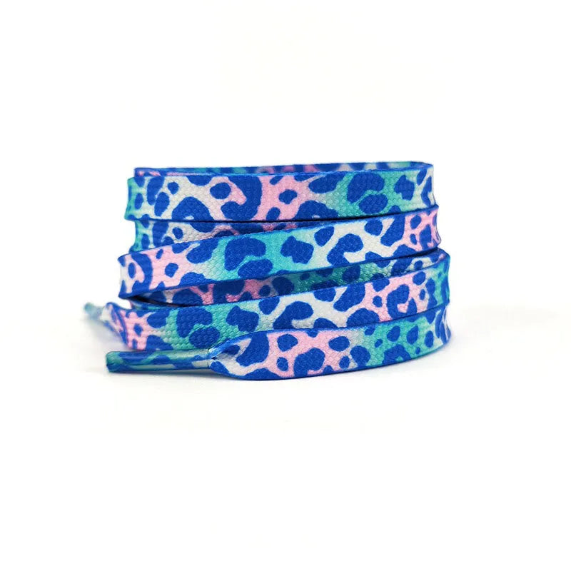 Flache Modische Schnürsenkel – Leopardenmuster & Tie-Dye Farbverlauf | Stilvolle Laces für AF1, AJ1 & Leinensneaker Damen & Herren Kaufschwan® Rosa Weiß Blau 160cm