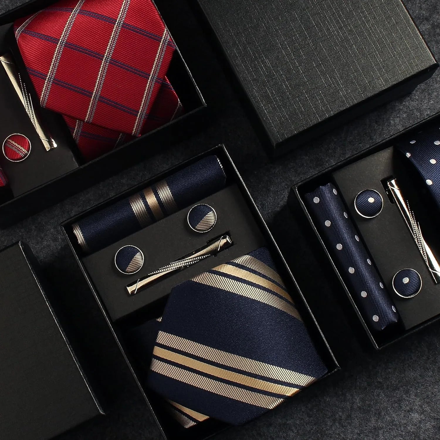 Herren Krawatten-Set aus 100% Seide – 8 cm Krawatte mit Einstecktuch & Manschettenknöpfen | Klassisches Geschenkset für Business & Hochzeit Kaufschwan®