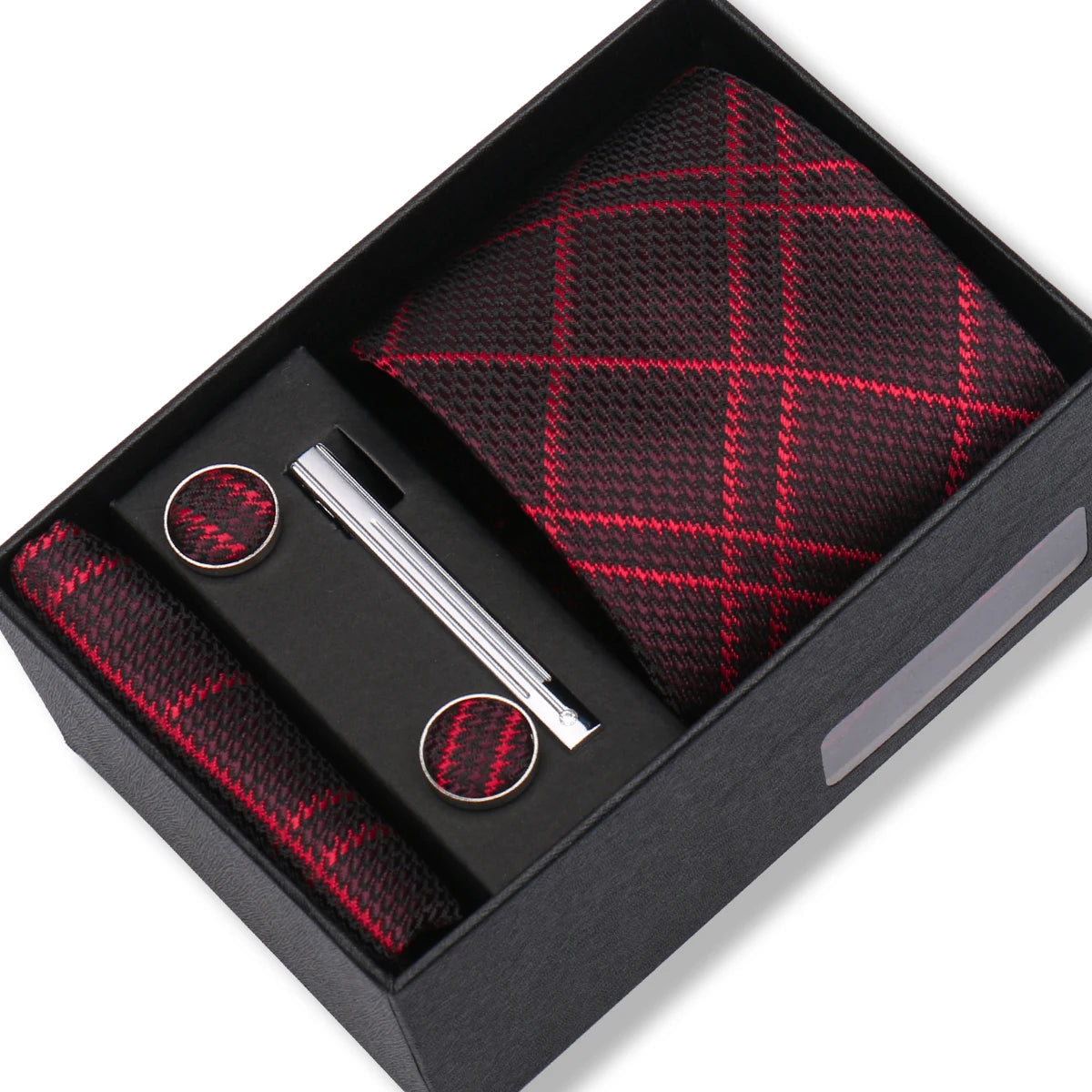 Herren Jacquard-Krawatten-Set 8 cm – Elegante Krawatte mit Einstecktuch, Manschettenknöpfen & Krawattenklammer | Luxus-Geschenkbox für Hochzeit & Business