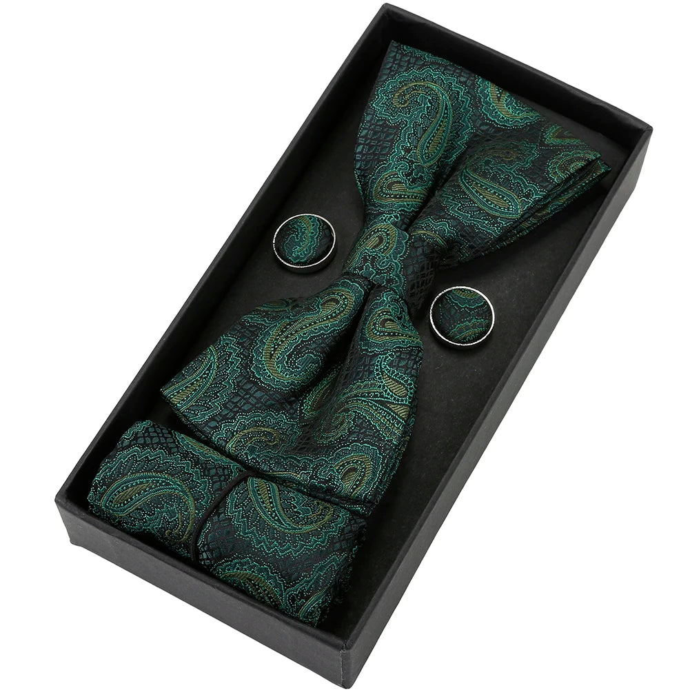 Herren Fliegen-Set mit Blumen-Paisley-Muster – 3-teiliges Geschenkset mit Fliege, Einstecktuch & Manschettenknöpfen | Elegantes Accessoire für Hochzeit & Business Kaufschwan® Dunkelgrün mit schwarzem Schimmer