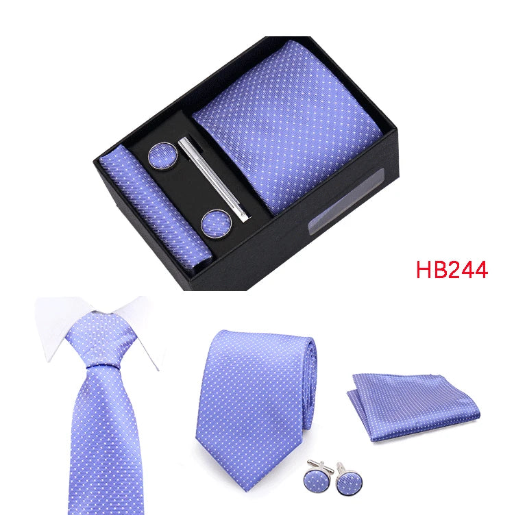 Herren Jacquard-Krawatten-Set 8 cm – Elegante Krawatte mit Einstecktuch, Manschettenknöpfen & Krawattenklammer | Luxus-Geschenkbox für Hochzeit & Business