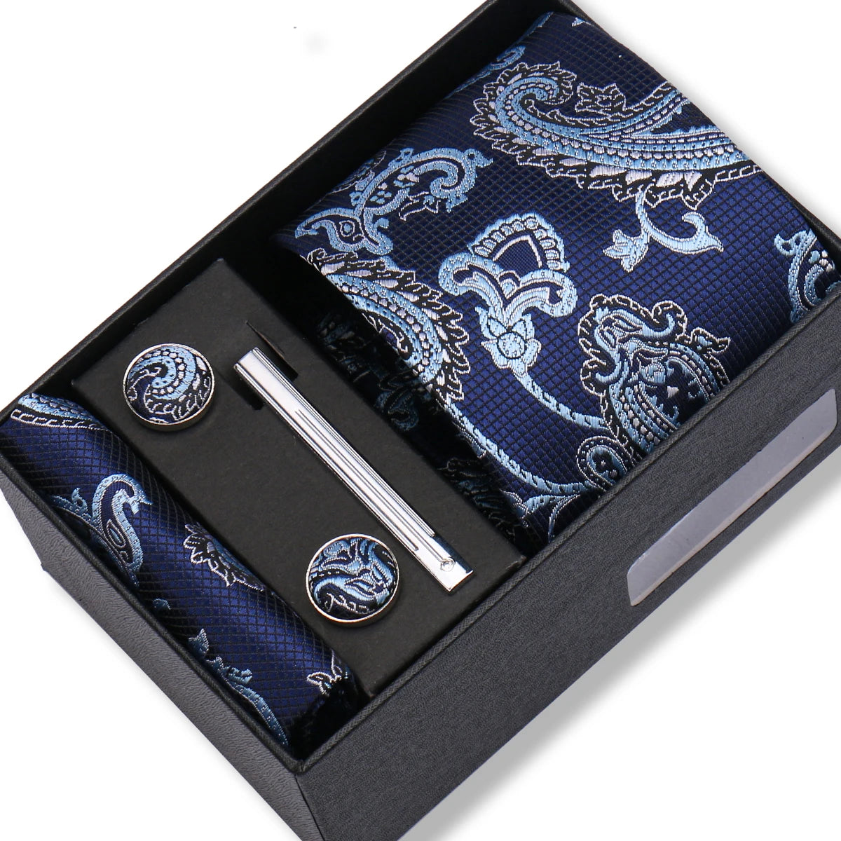 Herren Jacquard-Krawatten-Set 8 cm – Elegante Krawatte mit Einstecktuch, Manschettenknöpfen & Krawattenklammer | Luxus-Geschenkbox für Hochzeit & Business
