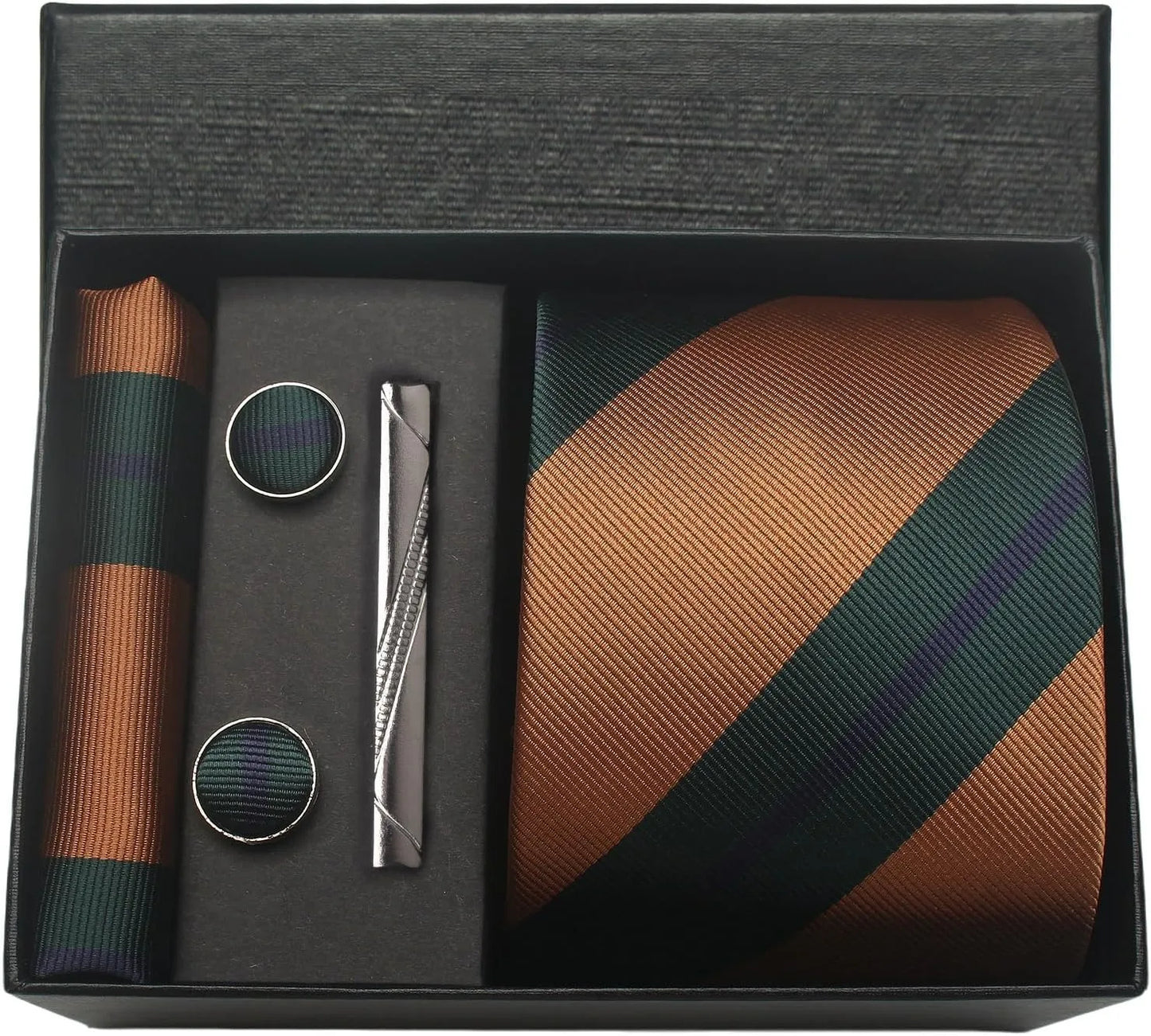 Herren Krawatten-Set aus 100% Seide – 8 cm Krawatte mit Einstecktuch & Manschettenknöpfen | Klassisches Geschenkset für Business & Hochzeit