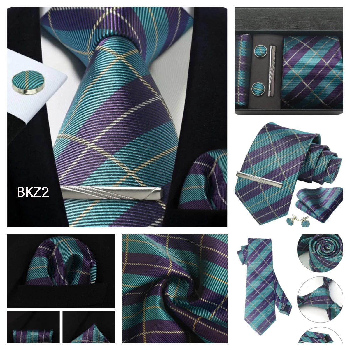 Herren Krawatten-Set aus 100% Seide – 8 cm Krawatte mit Einstecktuch & Manschettenknöpfen | Klassisches Geschenkset für Business & Hochzeit Kaufschwan®