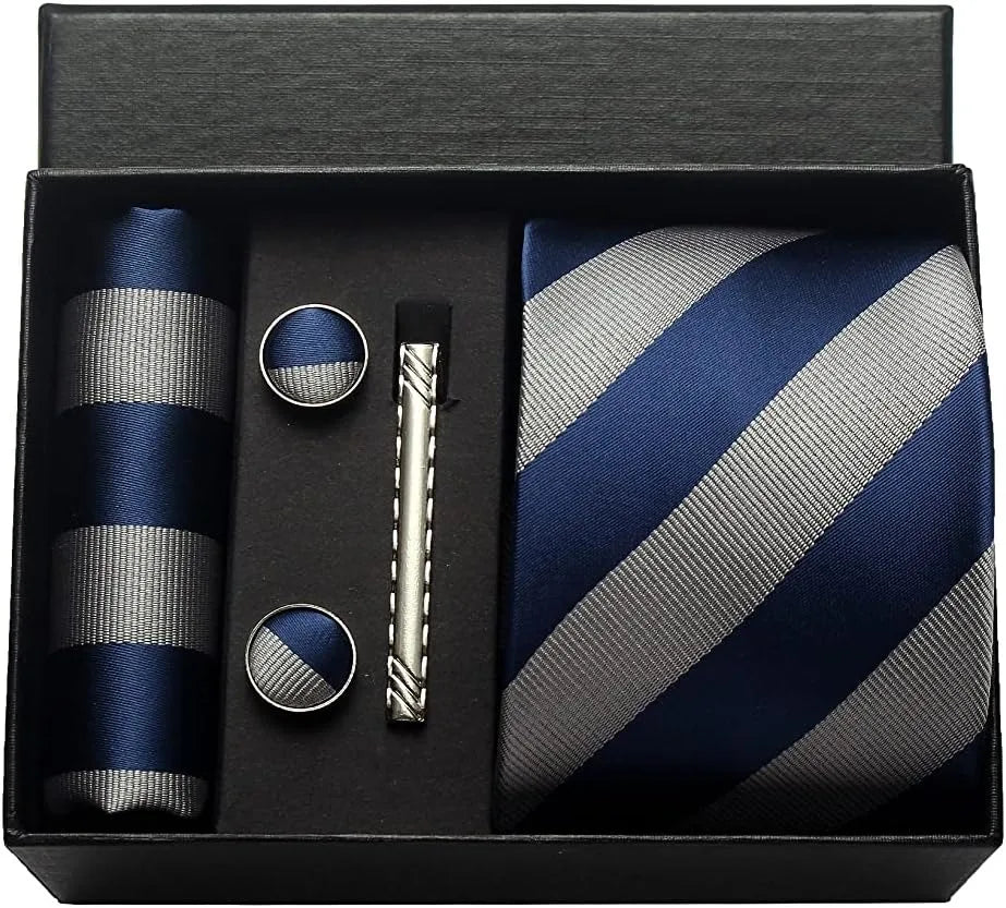 Herren Krawatten-Set aus 100% Seide – 8 cm Krawatte mit Einstecktuch & Manschettenknöpfen | Klassisches Geschenkset für Business & Hochzeit