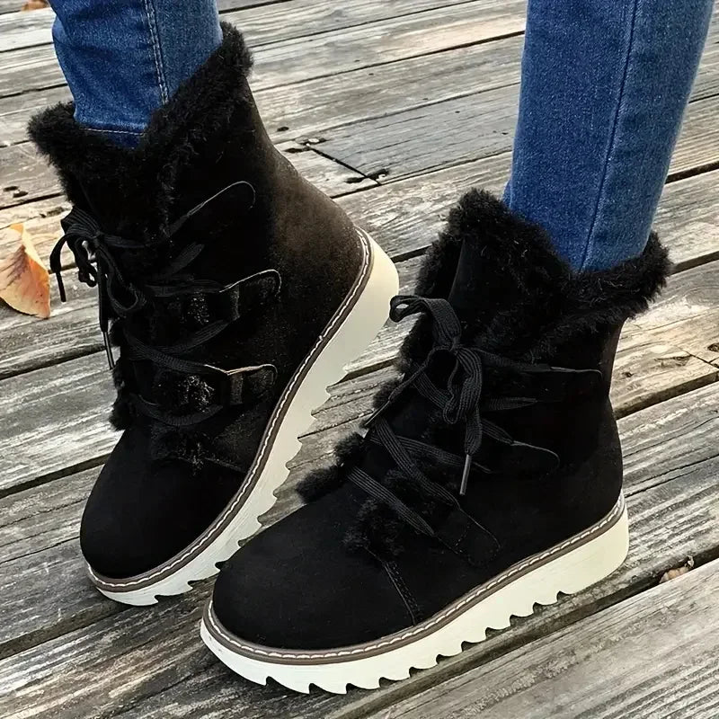 Damen Winter Schneestiefel – Wasserdichte Mittelhohe Schnürstiefel | Wärmeisolierte Outdoor Schuhe mit Kunstfell Futter & Rutschfester Sohle
