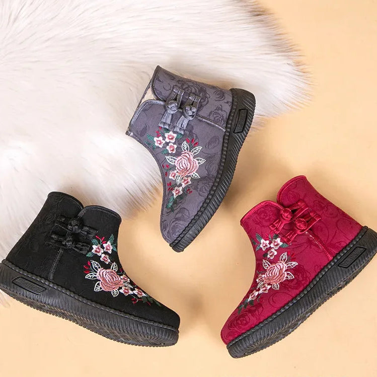 Damen Bestickte Schneestiefel – Mittelhohe Baumwollstiefel mit Kunstfell Fleece Futter | Warme Winter Schuhe für Mütter