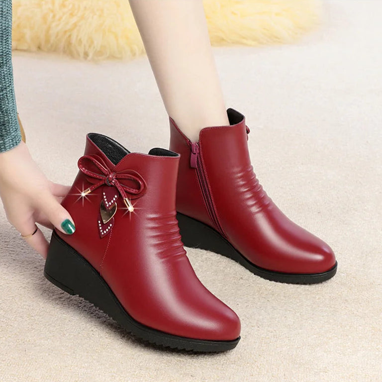 Damen Warme Baumwollschuhe – Weiche Leder Kunstfell Gefütterte Knöchelstiefel | Plateau Keilstiefel Rutschfest Kurzschaft Stiefel für Mütter