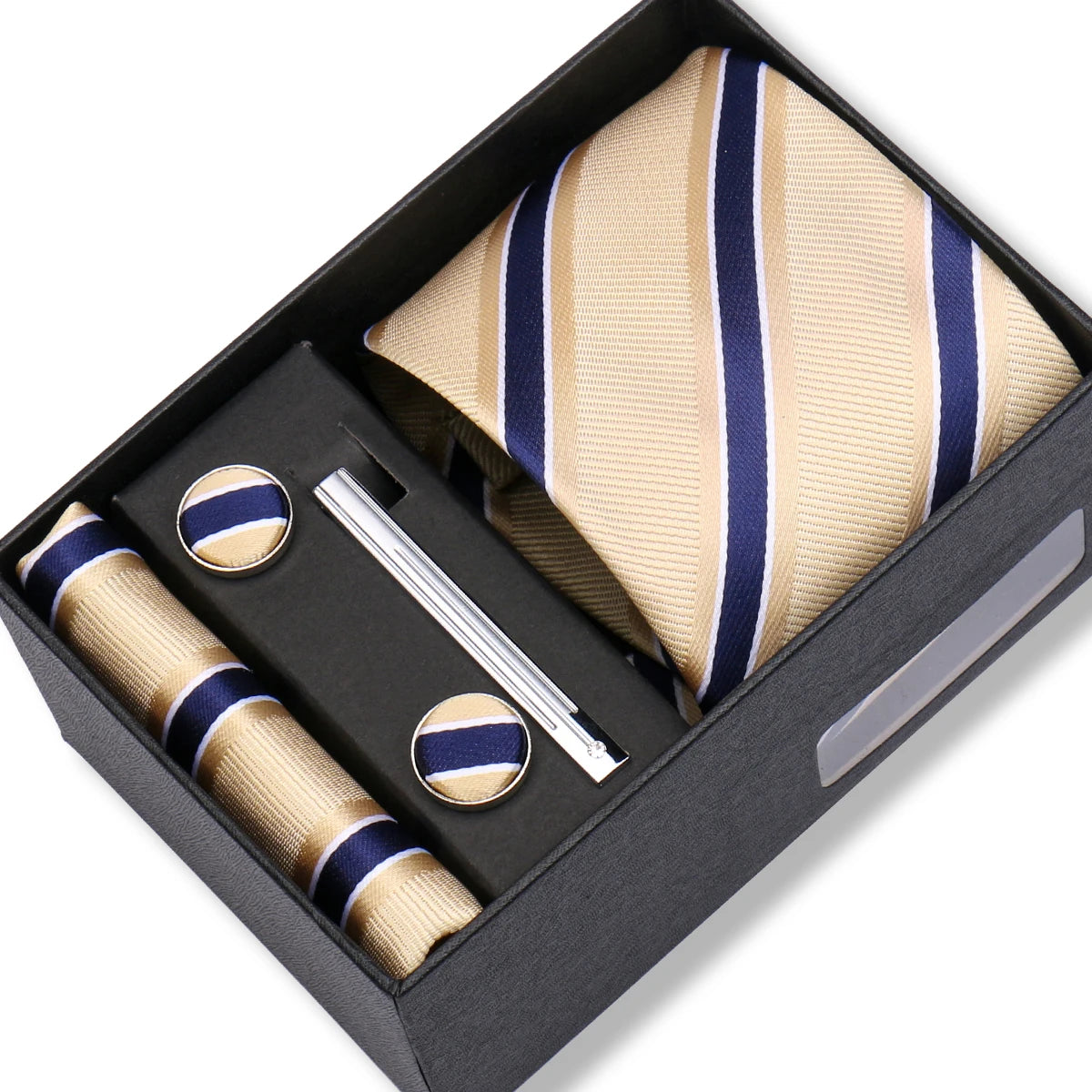 Herren Jacquard-Krawatten-Set 8 cm – Elegante Krawatte mit Einstecktuch, Manschettenknöpfen & Krawattenklammer | Luxus-Geschenkbox für Hochzeit & Business
