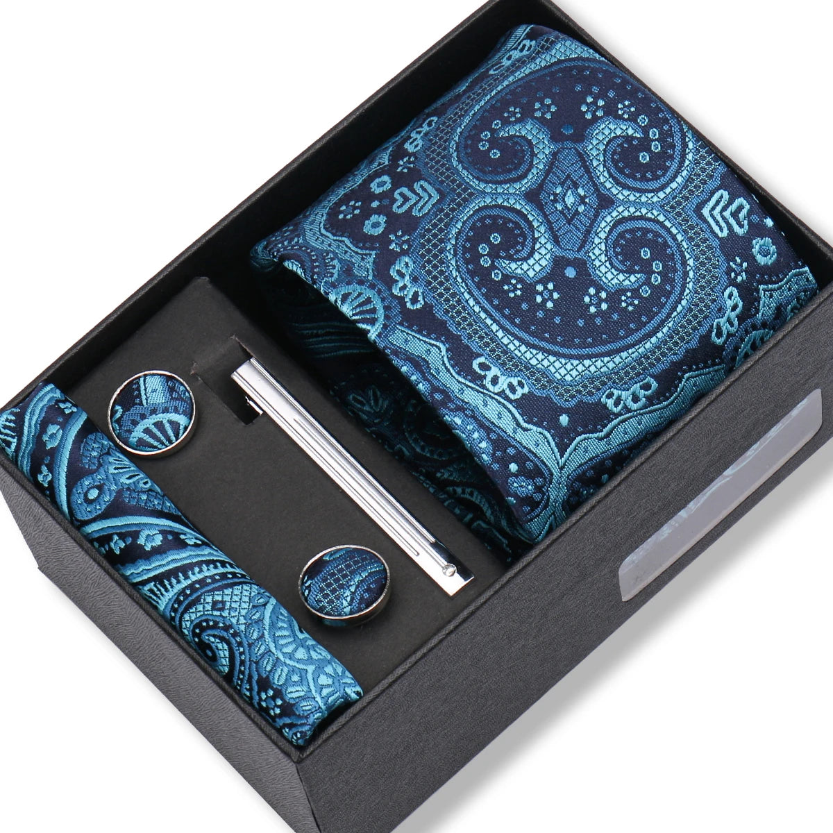 Herren Jacquard-Krawatten-Set 8 cm – Elegante Krawatte mit Einstecktuch, Manschettenknöpfen & Krawattenklammer | Luxus-Geschenkbox für Hochzeit & Business