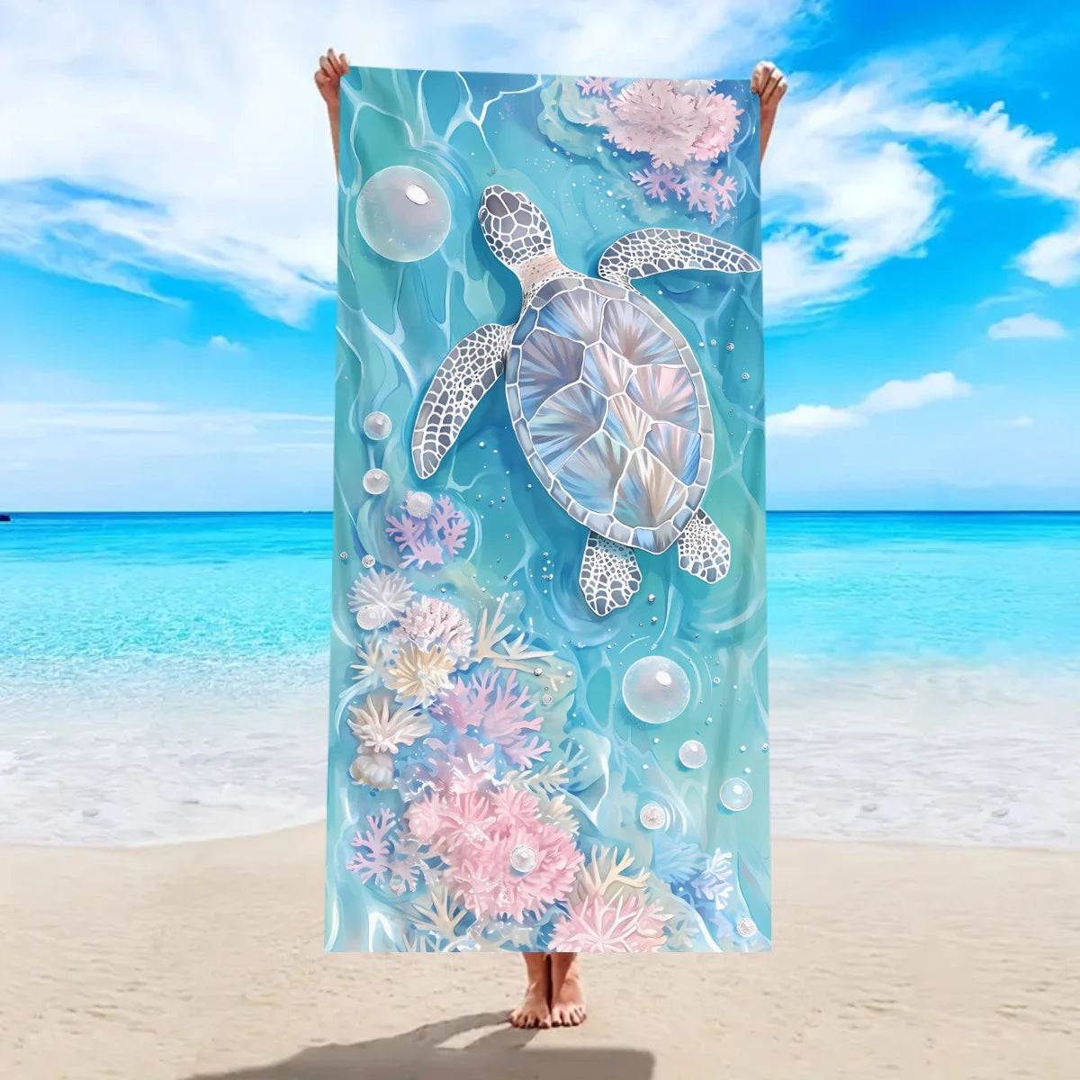 Großes Strandtuch mit Ozean-Motiv – Schildkröte, Seestern & Muschel Print | Schnell Trocknendes Saugfähiges Mikrofaser Strandtuch