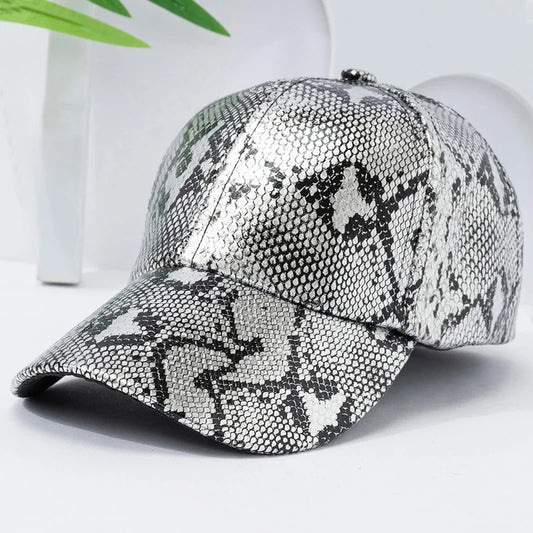 Snake Print PU Leder Baseballkappe | Verstellbarer Hip-Hop Street Dance Baseballcap | Leicht & Sonnenschutz für Outdoor-Aktivitäten Kaufschwan® Silber Einstellbar