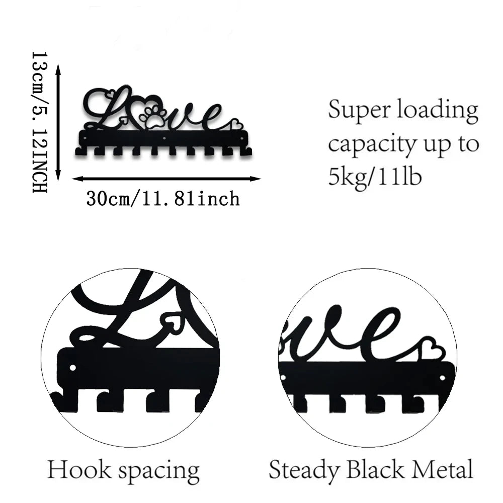 LOVE Metall Schlüsselhalter – Schwarzer Wandhaken aus Eisen mit 10 Haken | Dekorative Organizer-Leiste für Handtücher, Taschen, Kleidung, Caps & Schlüssel