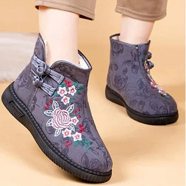Damen Bestickte Schneestiefel – Mittelhohe Baumwollstiefel mit Kunstfell Fleece Futter | Warme Winter Schuhe für Mütter