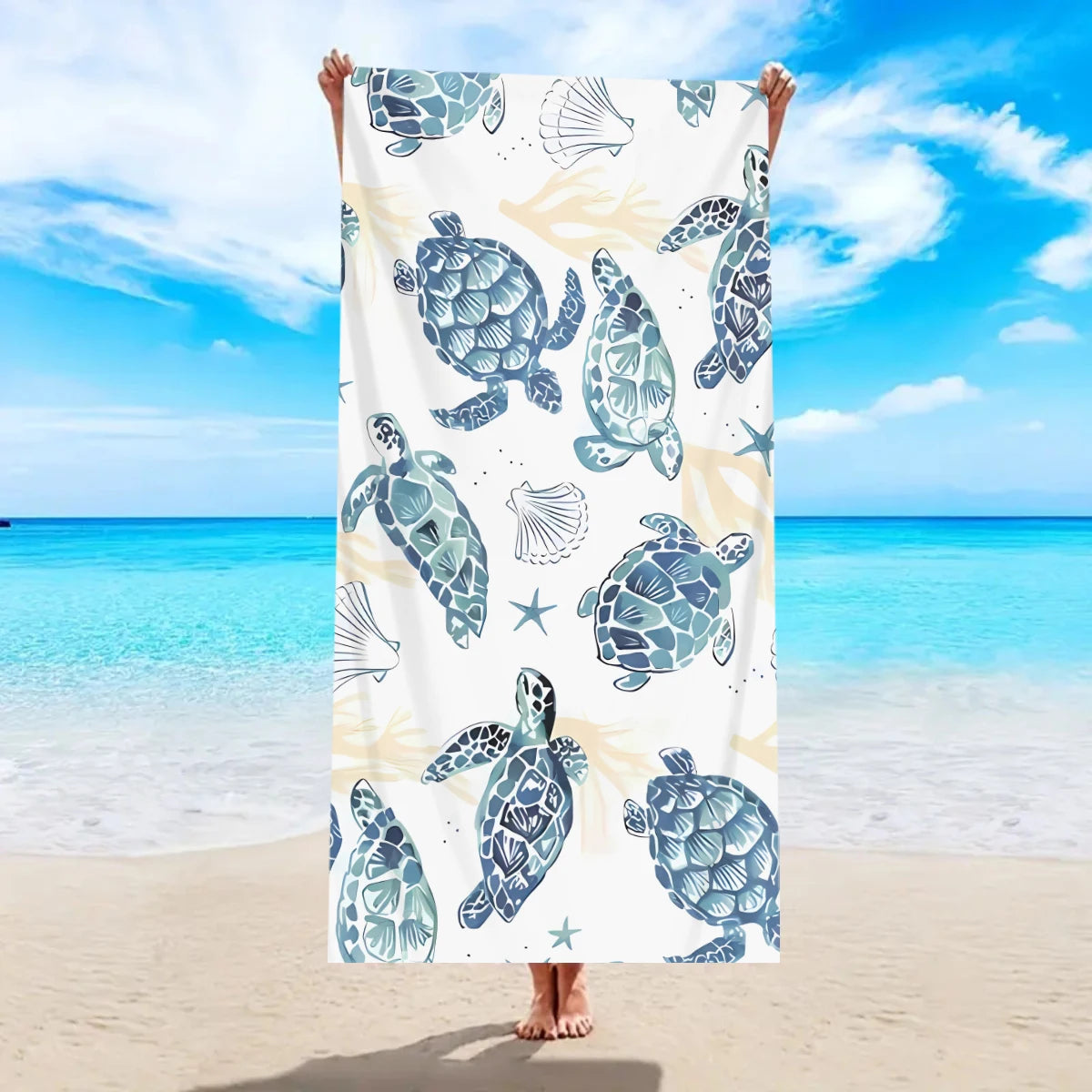 Großes Strandtuch mit Ozean-Motiv – Schildkröte, Seestern & Muschel Print | Schnell Trocknendes Saugfähiges Mikrofaser Strandtuch