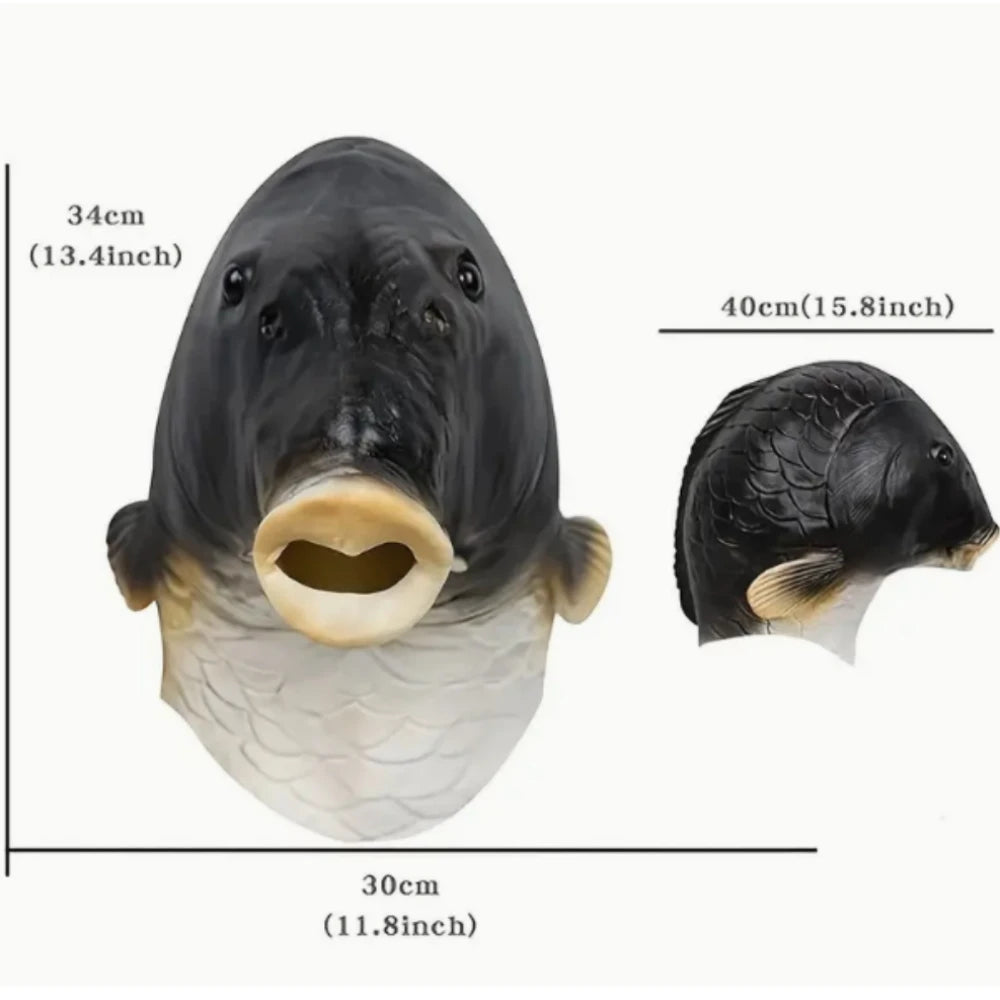 Fischkopf Maske Lustiges Tier – Schwarzer Karpfen Latex Maske für Halloween, Geburtstag, Tier Cosplay & Scherzartikel Kaufschwan®