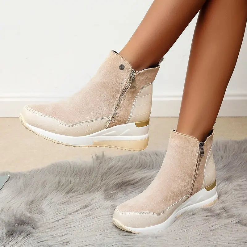 Damen Winterstiefel – Modische Plateau Knöchelstiefel | Warme Kunstfell Gefütterte Keilabsatz Schneestiefel für Damen & Mädchen