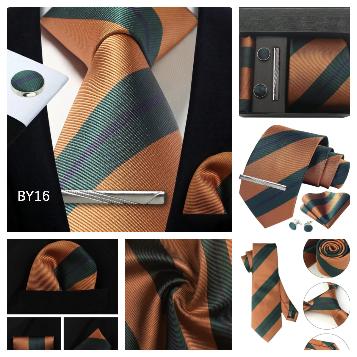 Herren Krawatten-Set aus 100% Seide – 8 cm Krawatte mit Einstecktuch & Manschettenknöpfen | Klassisches Geschenkset für Business & Hochzeit
