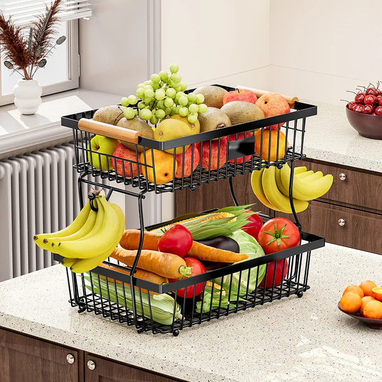 Obst- & Gemüsekorb – Metall Aufbewahrungskorb mit Haken & Holzgriff | Stapelbares & Abnehmbares Küchenregal Kaufschwan®