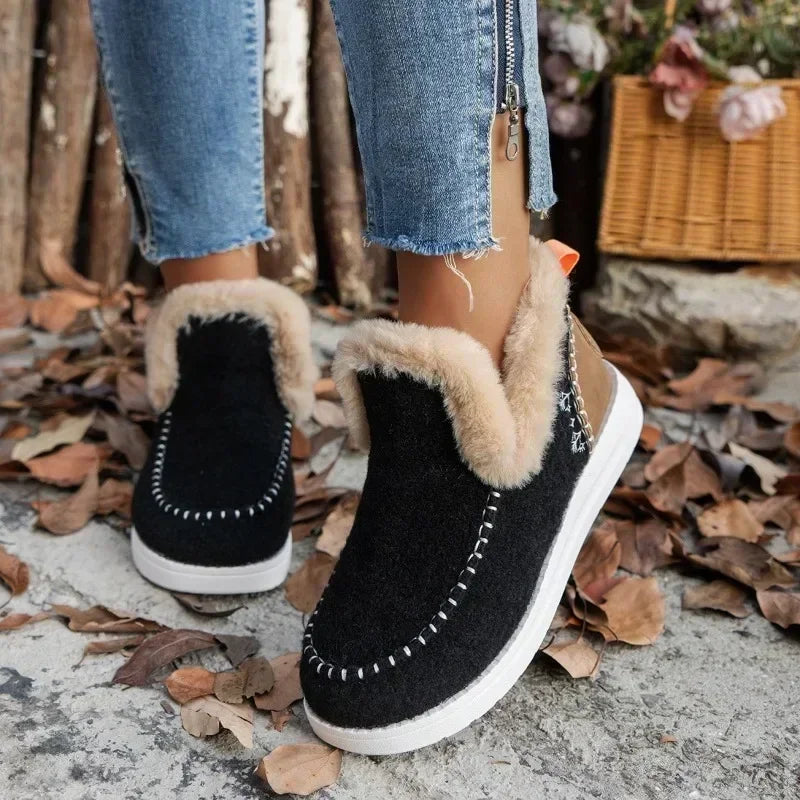 Damen Winterstiefel – Runde Zehenform Schneestiefel mit Kunstfell Futter | Flache Kurzschaft Stiefel mit Warmem Fleece für Damen