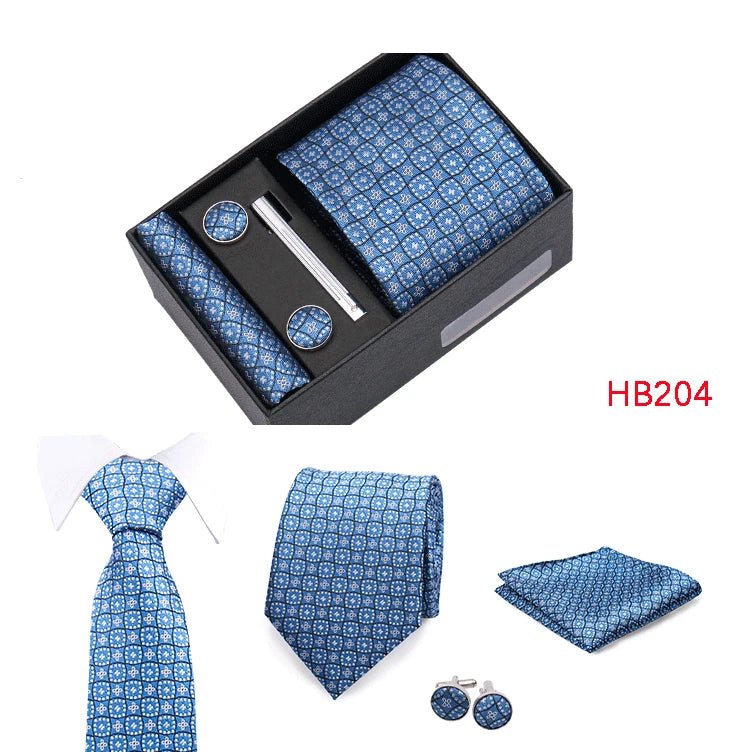 Herren Jacquard-Krawatten-Set 8 cm – Elegante Krawatte mit Einstecktuch, Manschettenknöpfen & Krawattenklammer | Luxus-Geschenkbox für Hochzeit & Business Kaufschwan®